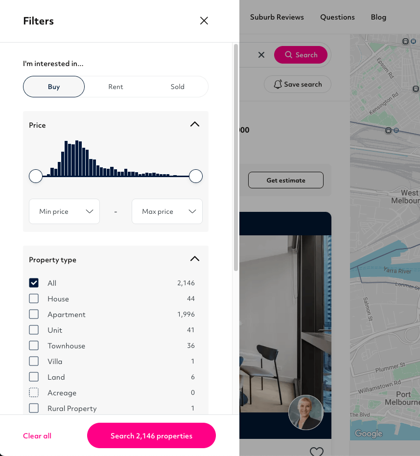 Property type filter on Homely