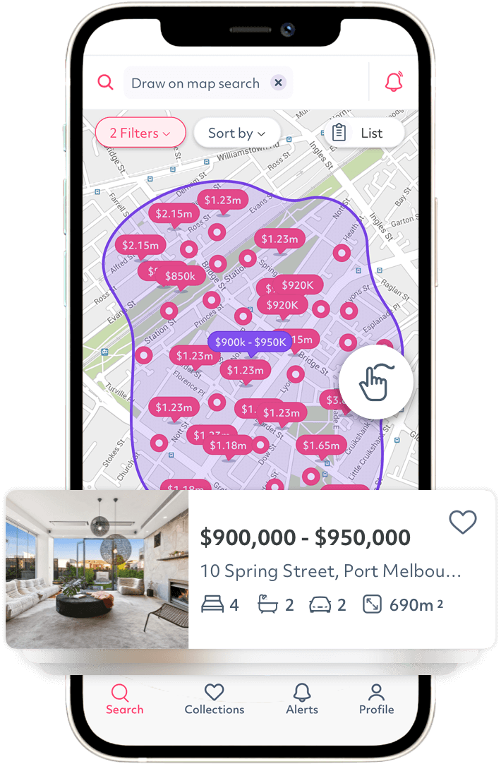 Draw on map listing search on the Homely app