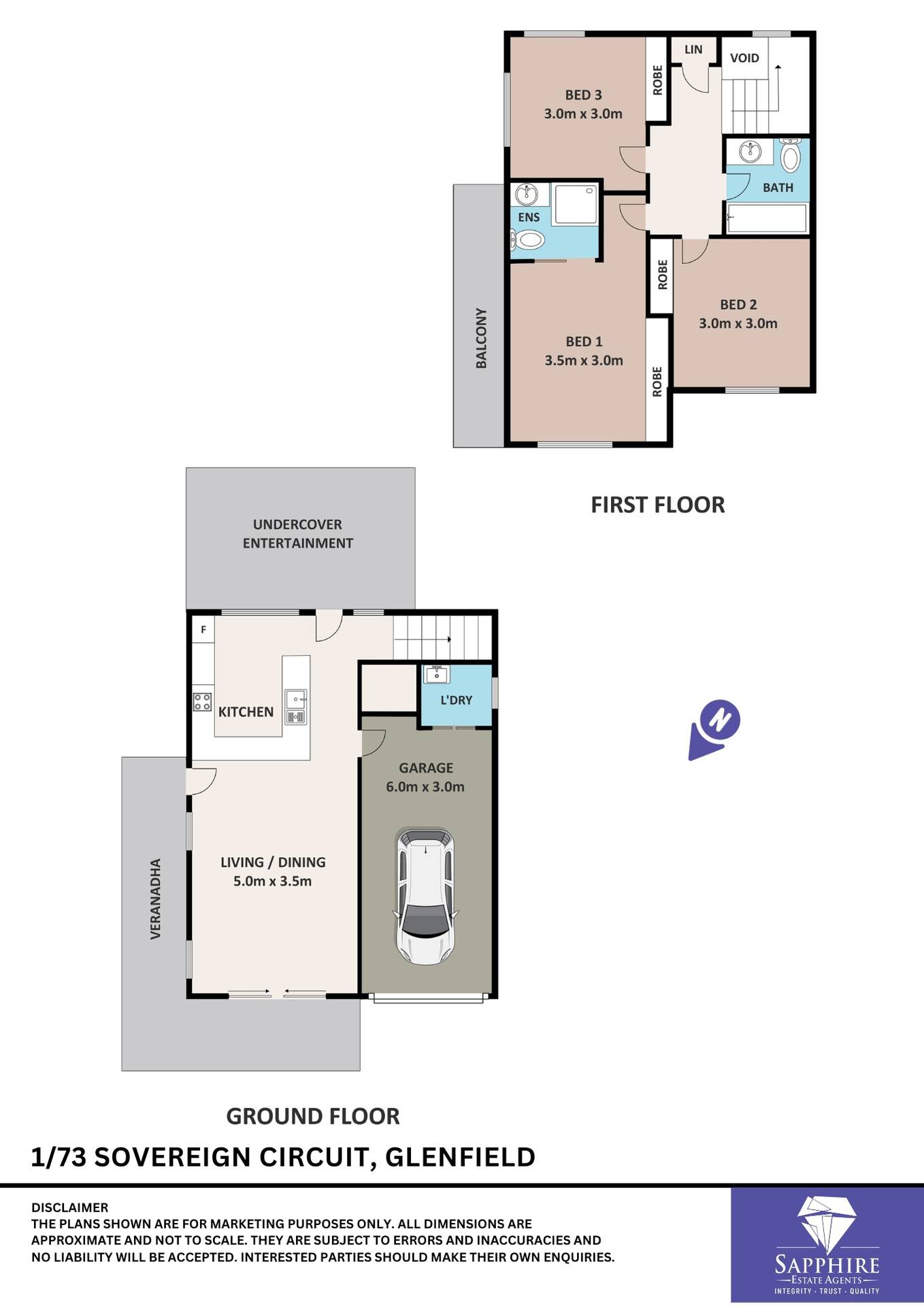 Floorplan of Homely townhouse listing, 1/73 Sovereign Circuit, Glenfield NSW 2167