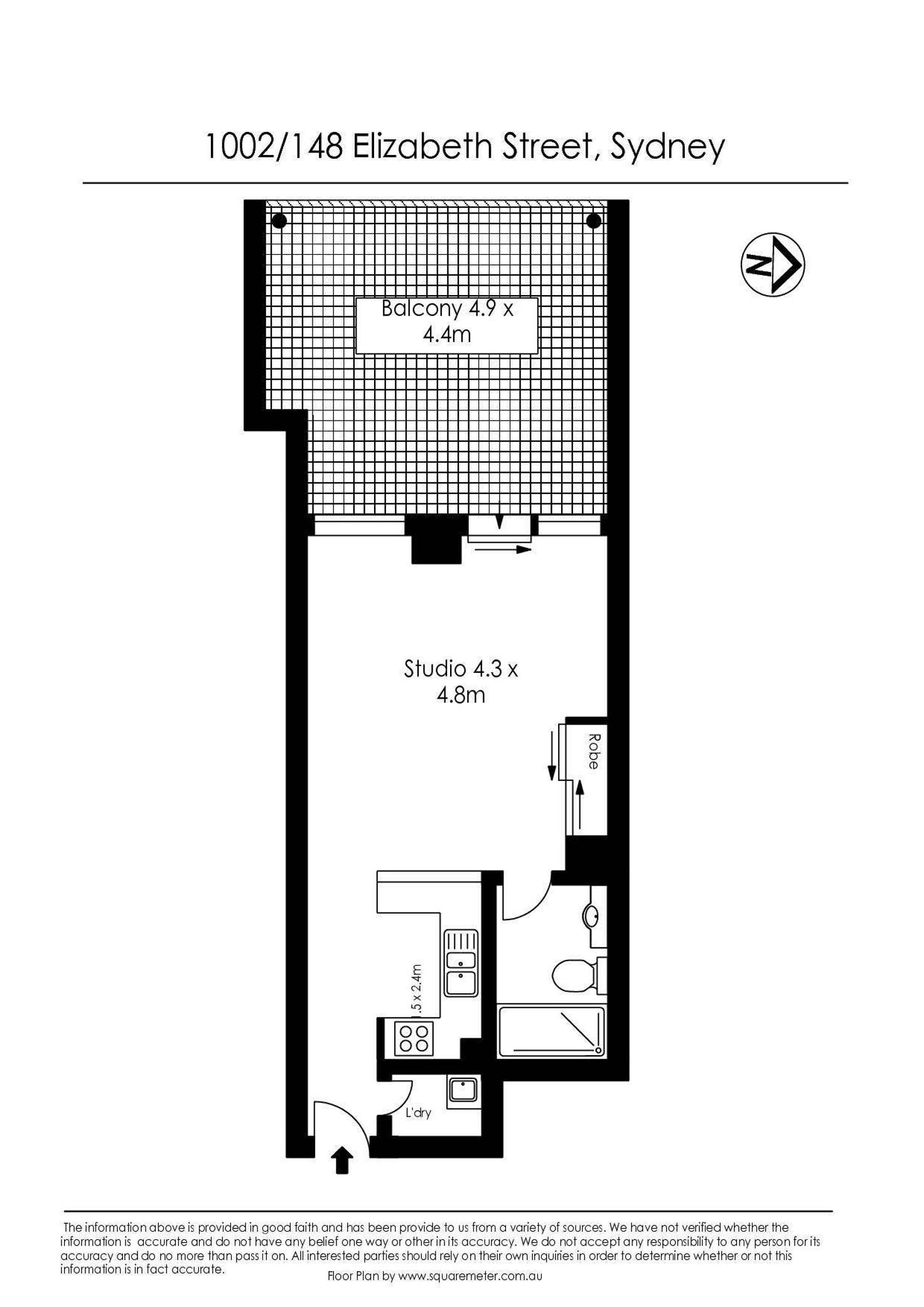 Floorplan of Homely studio listing, 1002/148 Elizabeth Street, Sydney NSW 2000