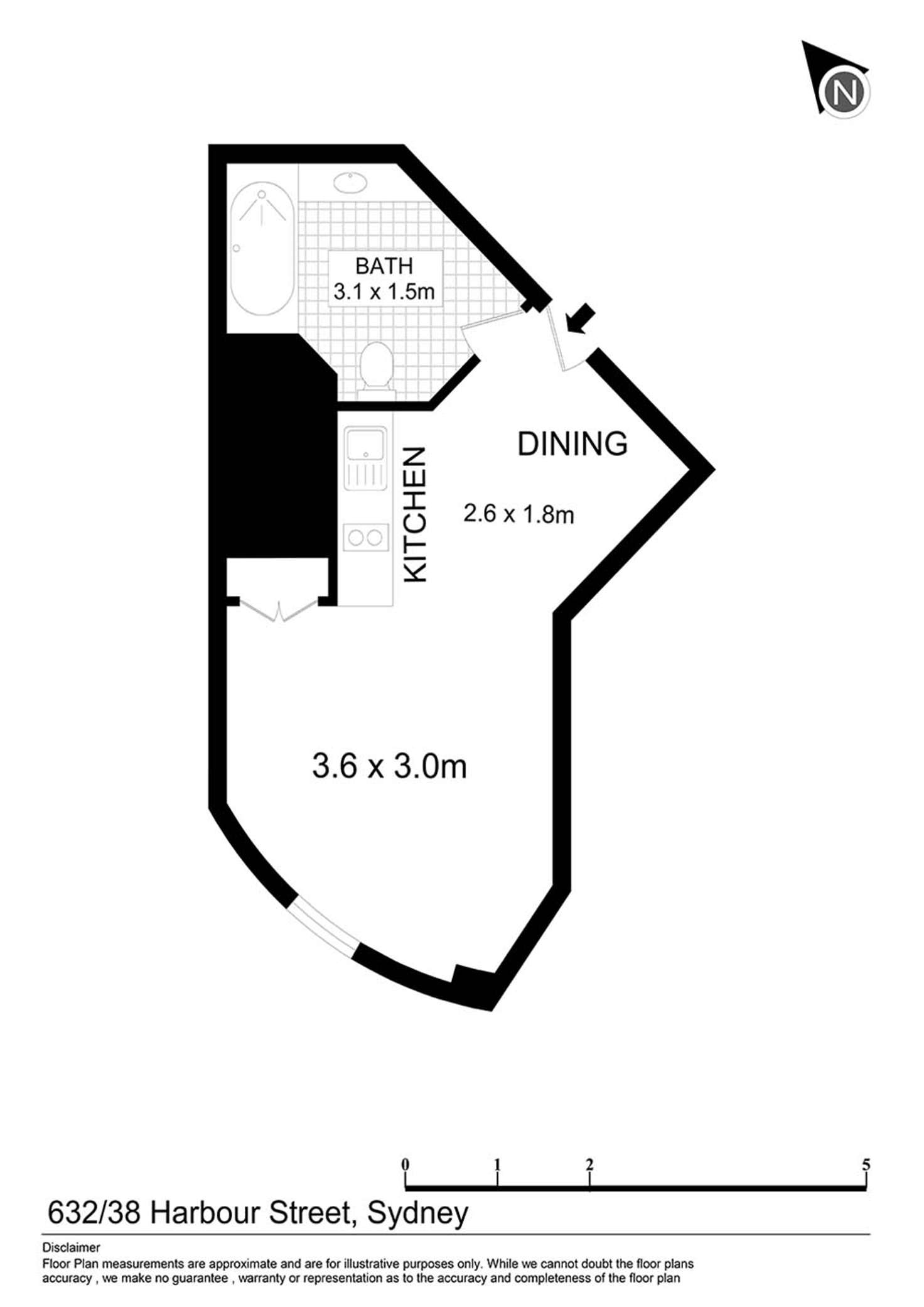 Floorplan of Homely studio listing, 632/38 Harbour Street, Sydney NSW 2000