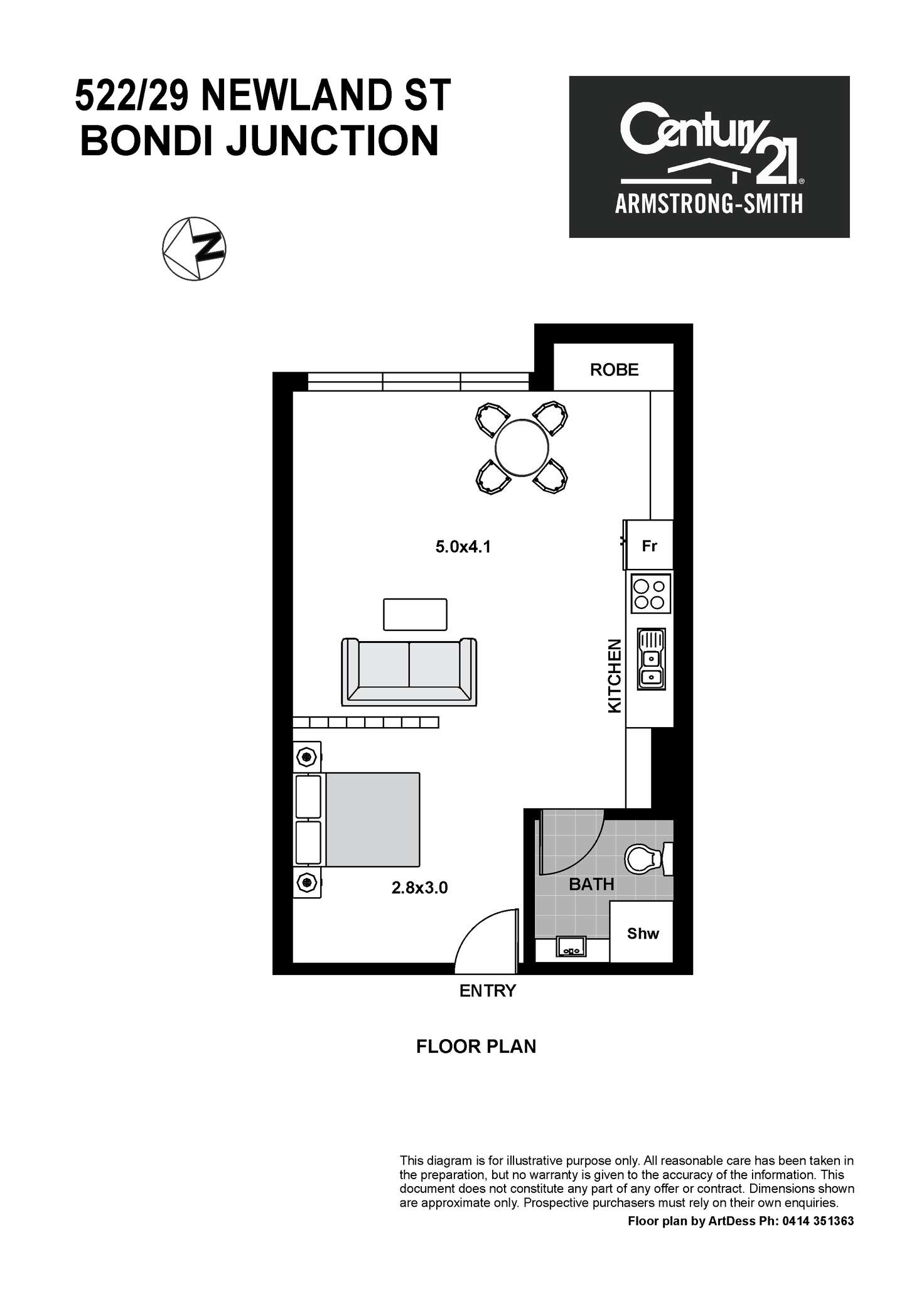 Floorplan of Homely studio listing, 522/29 Newland Street, Bondi Junction NSW 2022