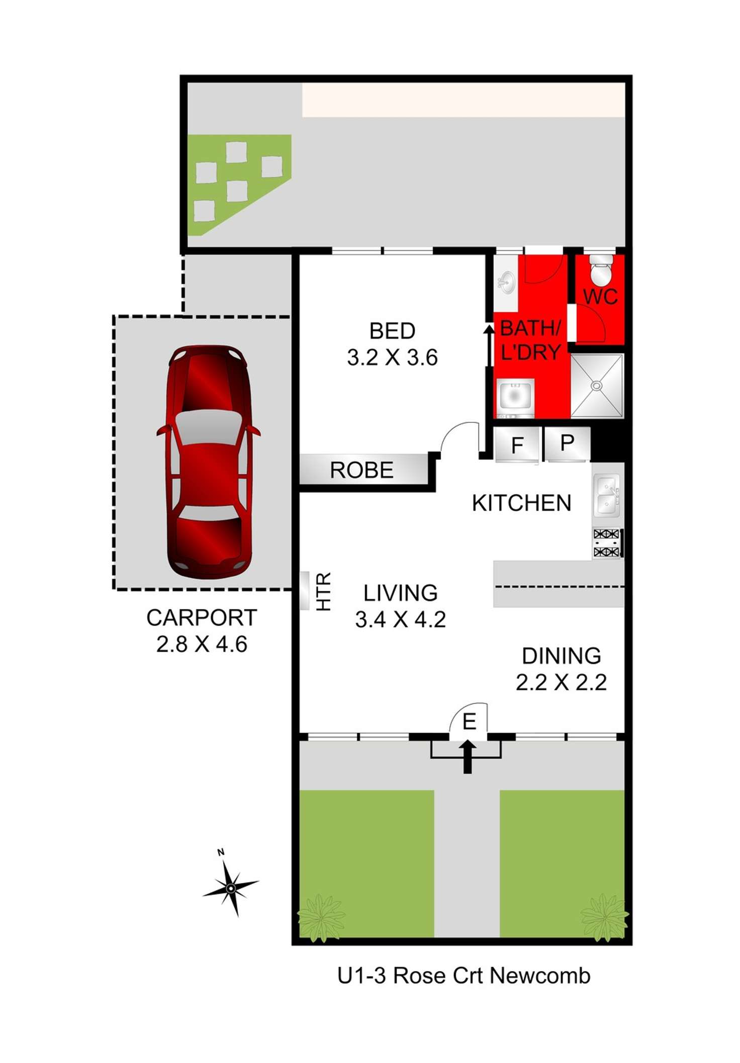 Floorplan of Homely unit listing, 1/3 Rose Court, Newcomb VIC 3219