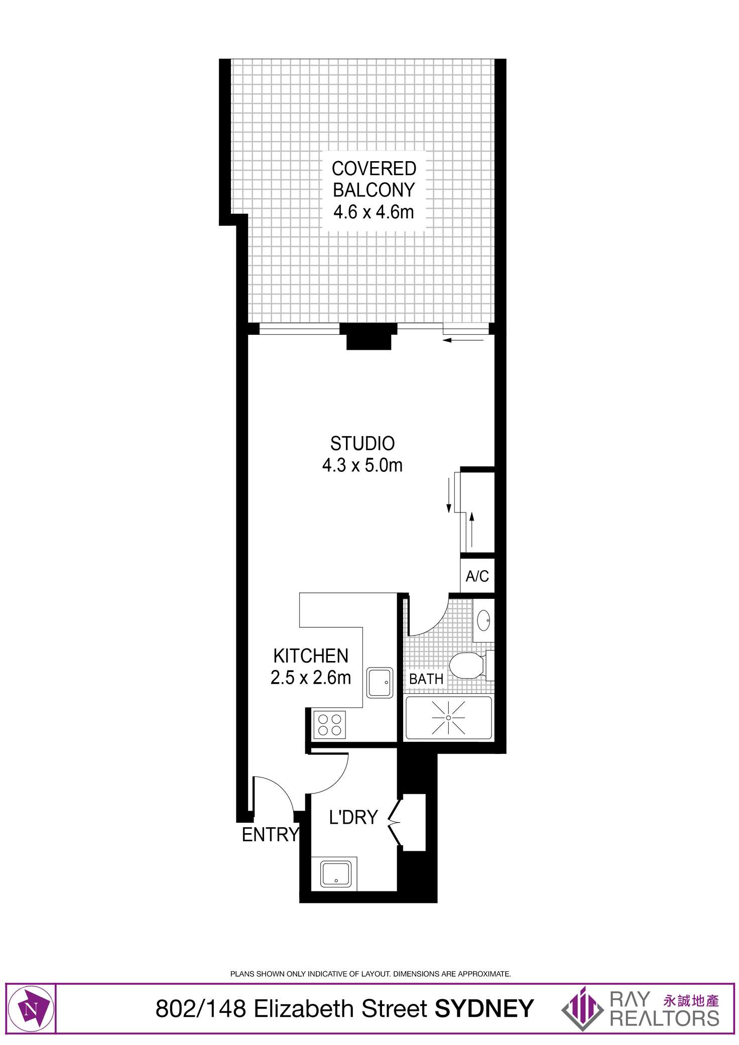 Floorplan of Homely studio listing, 802/148 Elizabeth Street, Sydney NSW 2000