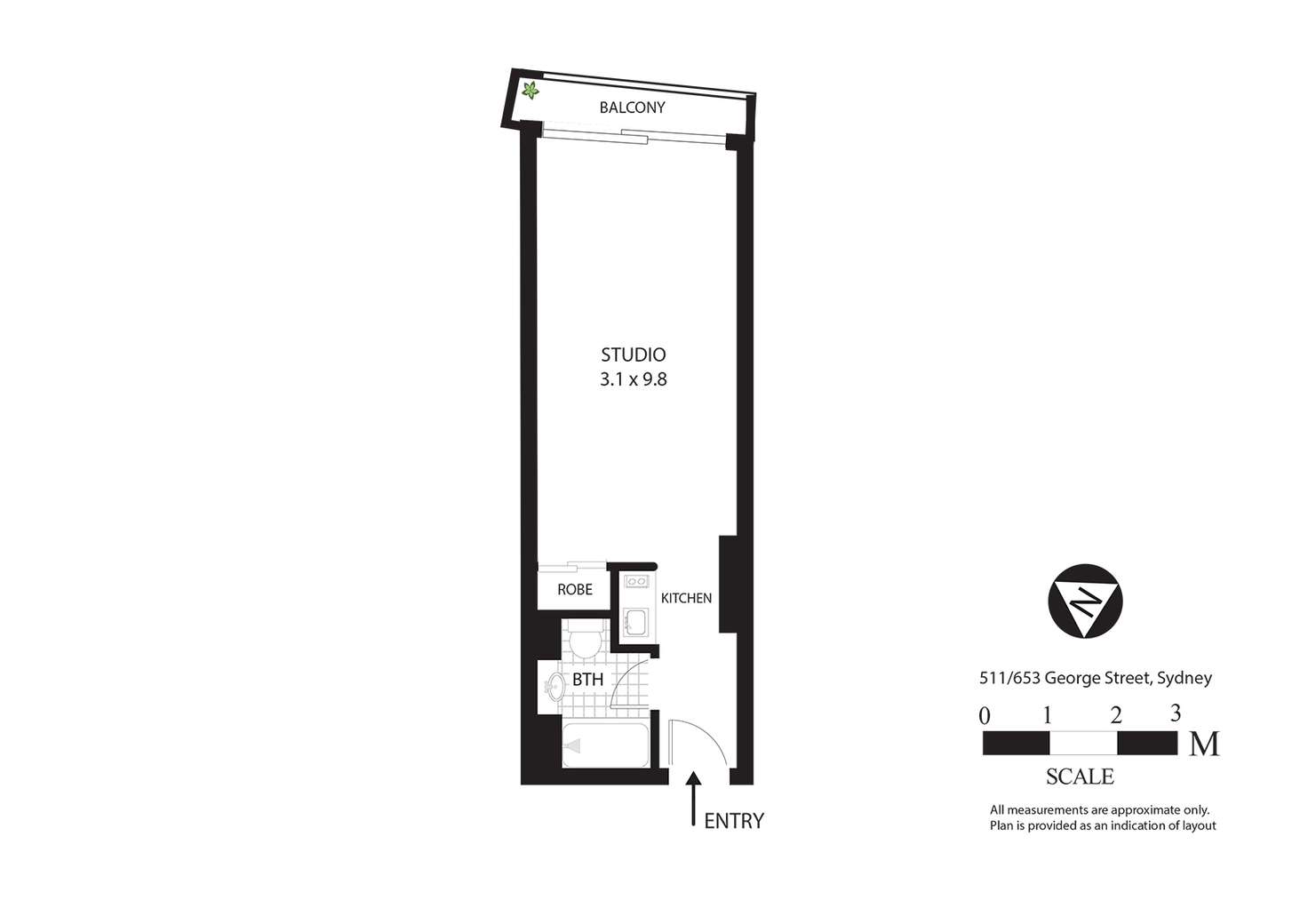 Floorplan of Homely studio listing, 511/653 George Street, Sydney NSW 2000