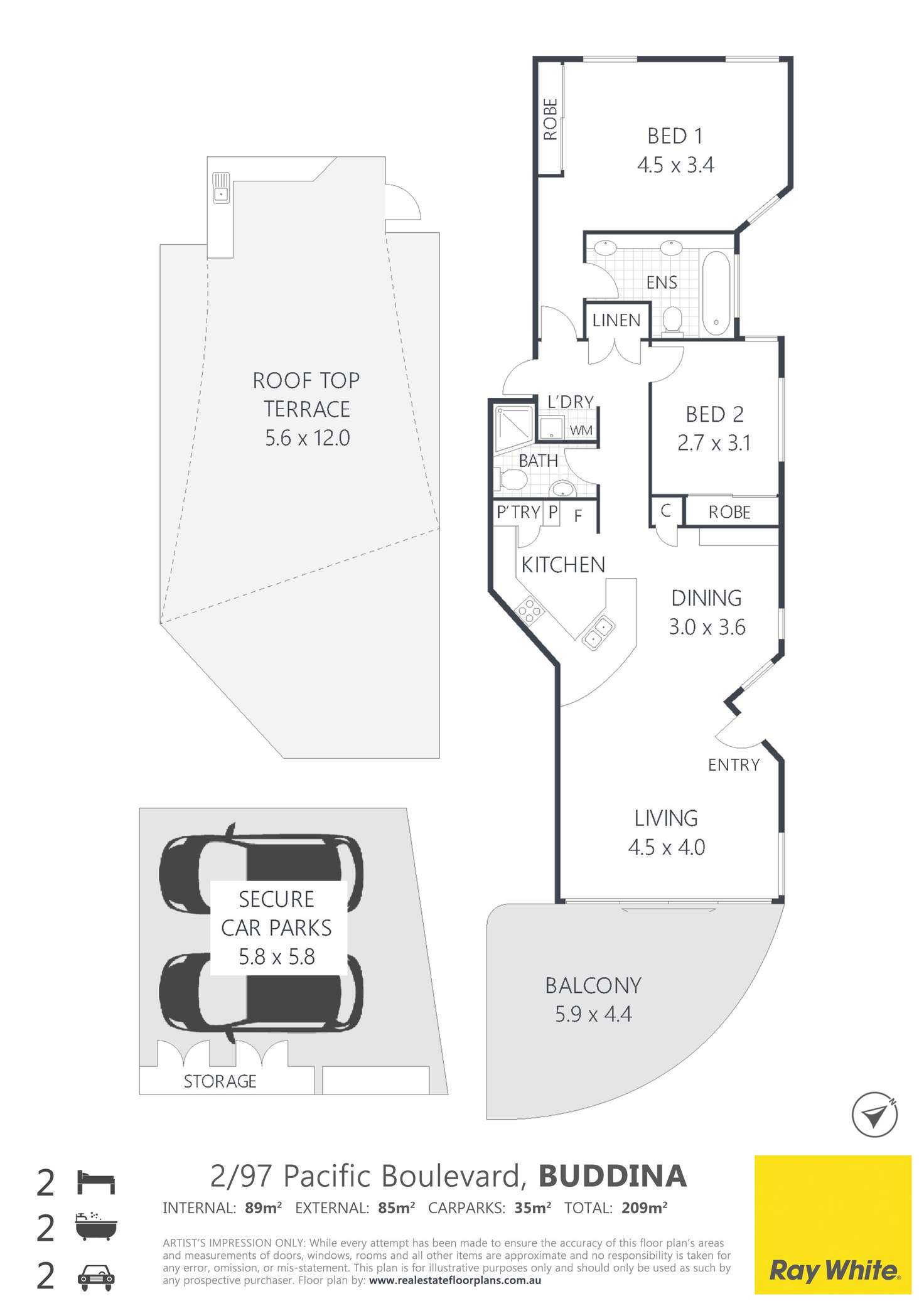 Floorplan of Homely unit listing, 2/97 Pacific Boulevard, Buddina QLD 4575