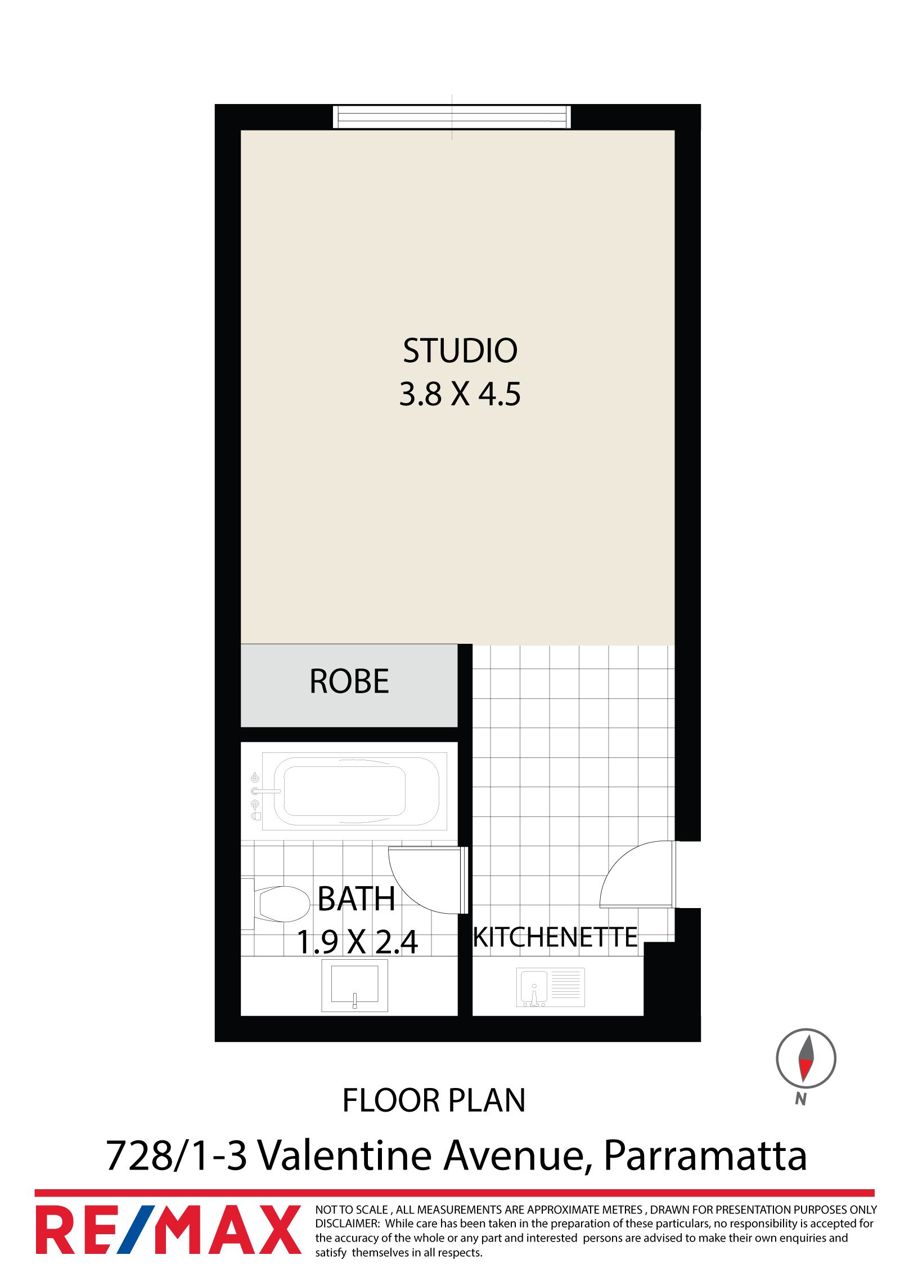 Floorplan of Homely studio listing, 728/1-3 Valentine Ave, Parramatta NSW 2150