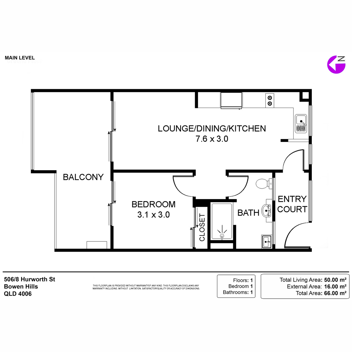 Floorplan of Homely unit listing, 506/8 Hurworth Street, Bowen Hills QLD 4006