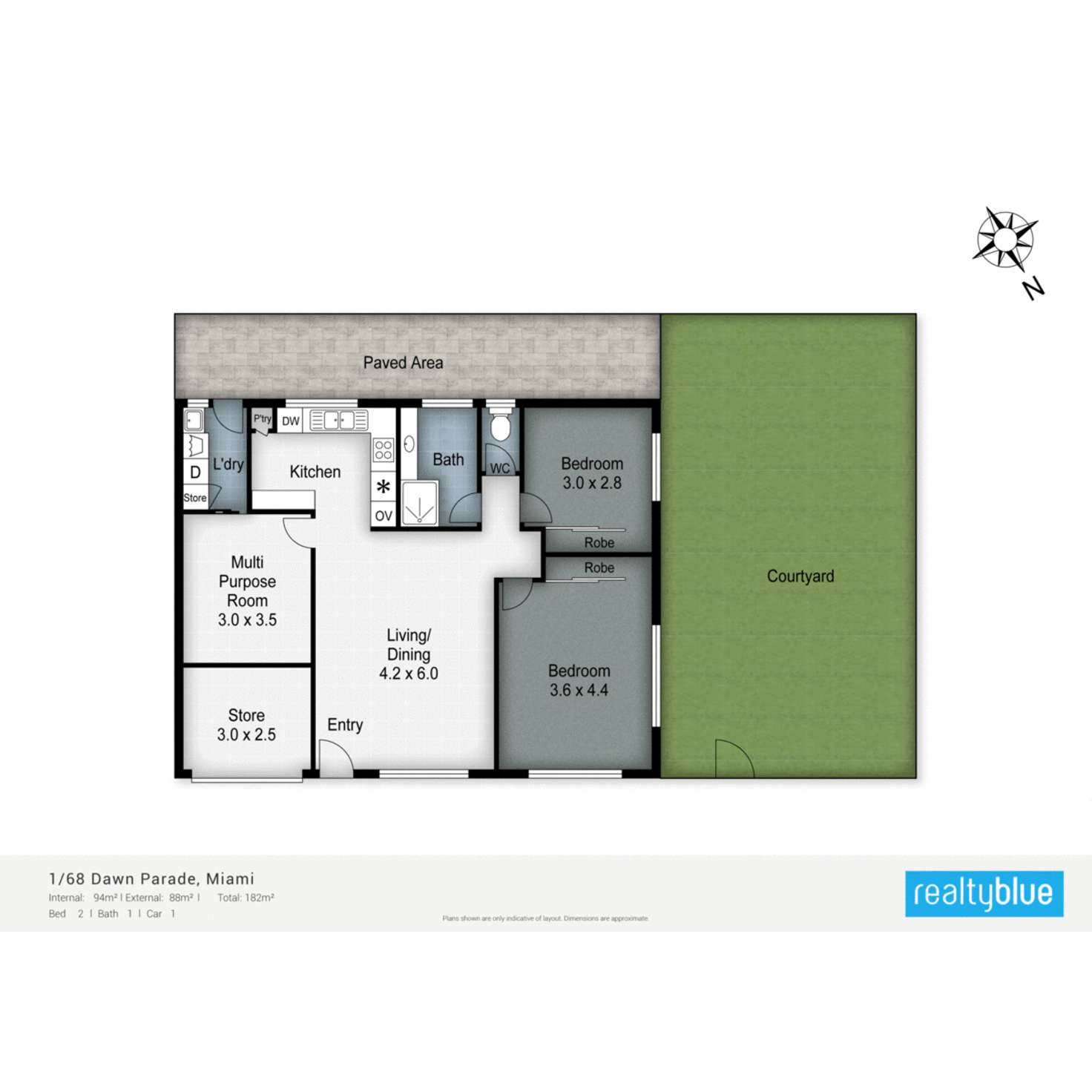 Floorplan of Homely semiDetached listing, 1/68 Dawn Parade, Miami QLD 4220