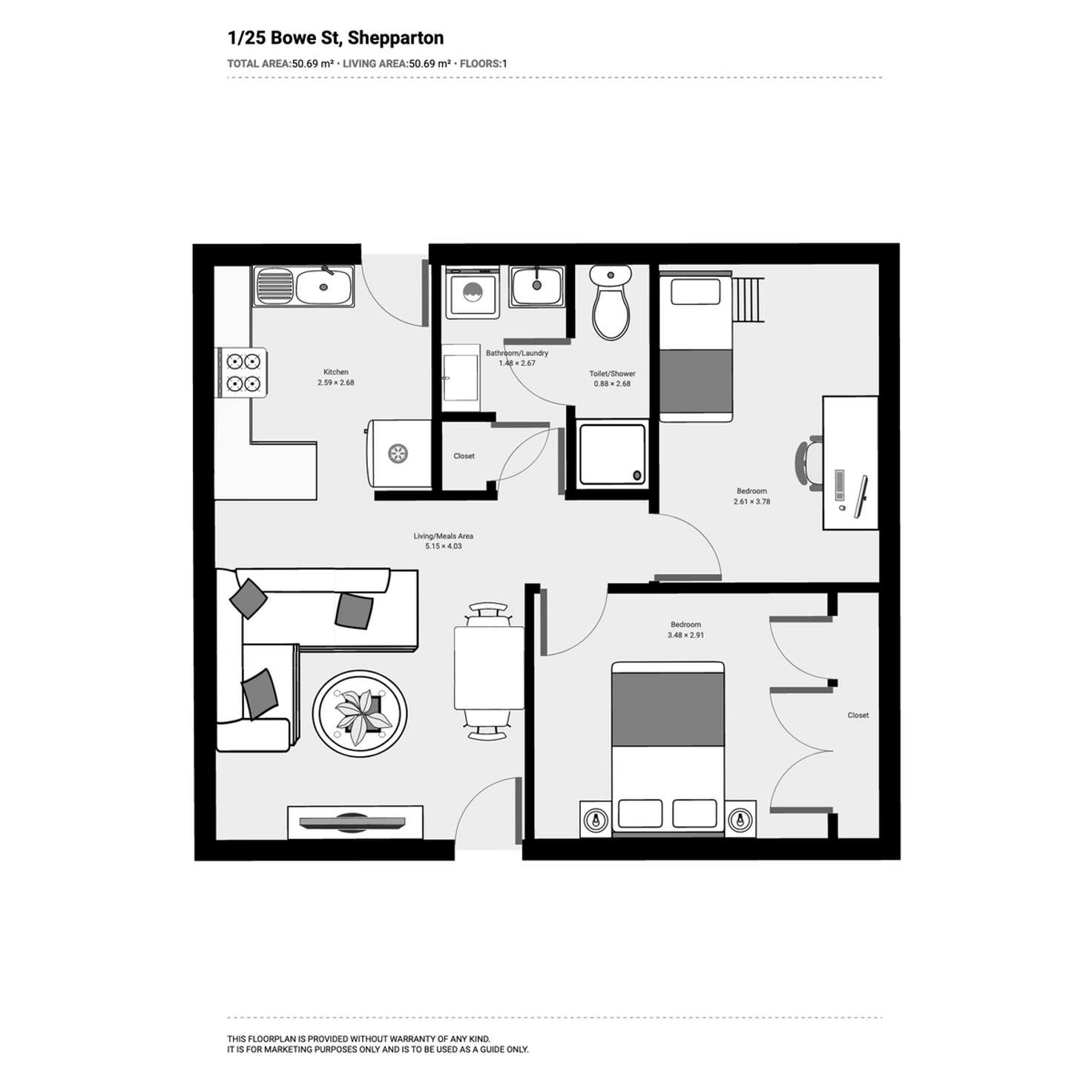 Floorplan of Homely unit listing, 1/25 Bowe Street, Shepparton VIC 3630