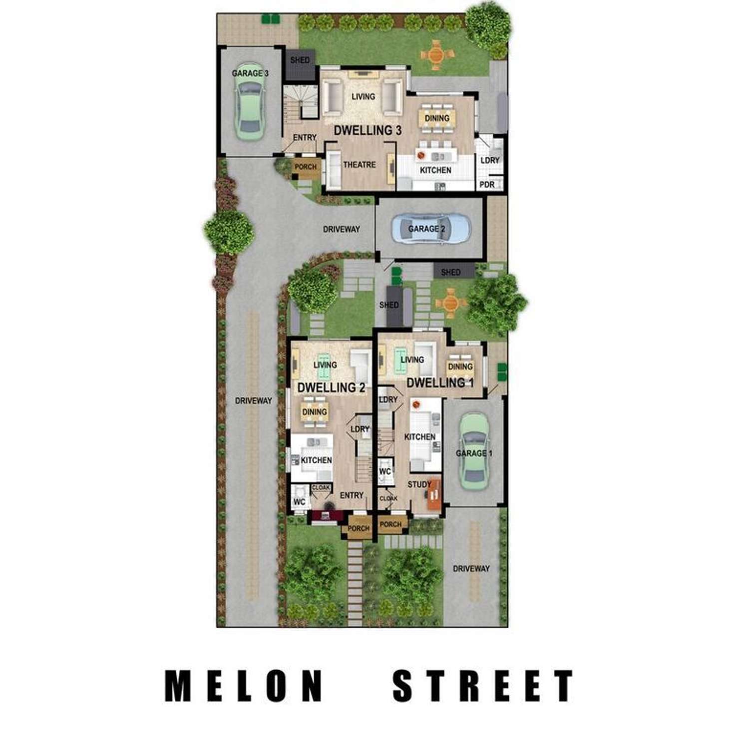 Floorplan of Homely townhouse listing, 1, 2 & 3/83 Melon Street, Braybrook VIC 3019