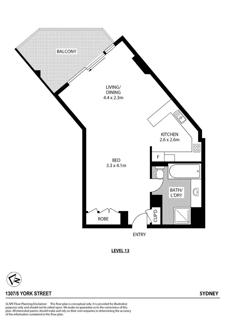 Floorplan of Homely studio listing, 1307/5 York Street, Sydney NSW 2000