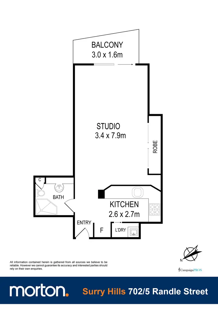 Floorplan of Homely studio listing, 702/5 Randle Street, Surry Hills NSW 2010