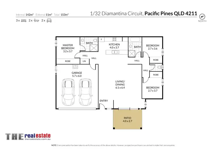 Floorplan of Homely semi-detached listing, 1/32 Diamantina Circuit, Pacific Pines QLD 4211