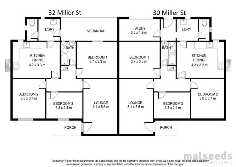 Floorplan of Homely semi-detached listing, 30 & 32 Miller Street, Mount Gambier SA 5290