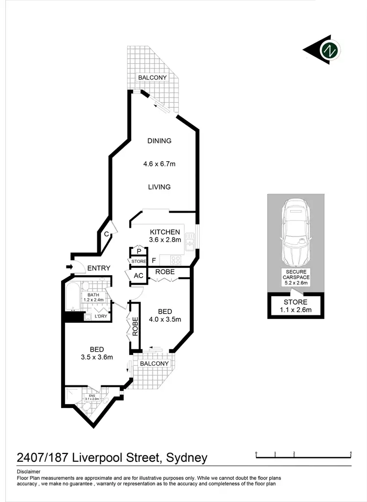 Floorplan of Homely apartment listing, 2407/187 Liverpool Street, Sydney NSW 2000