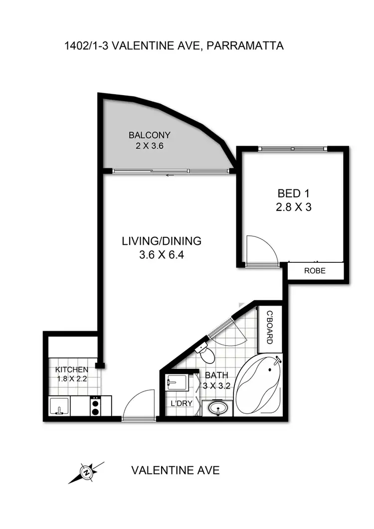 Floorplan of Homely unit listing, 1402/1-3 Valentine Ave, Parramatta NSW 2150
