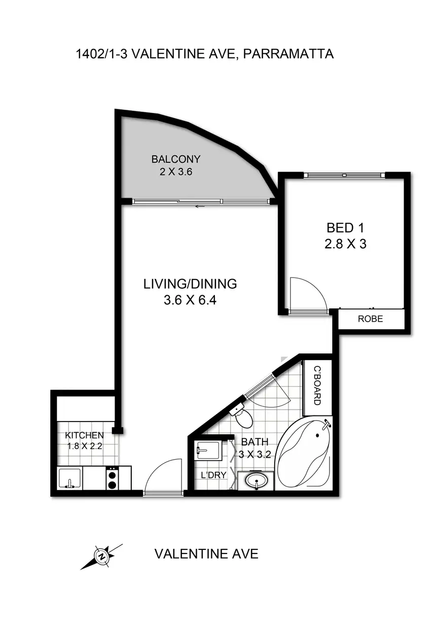Floorplan of Homely unit listing, 1402/1-3 Valentine Ave, Parramatta NSW 2150