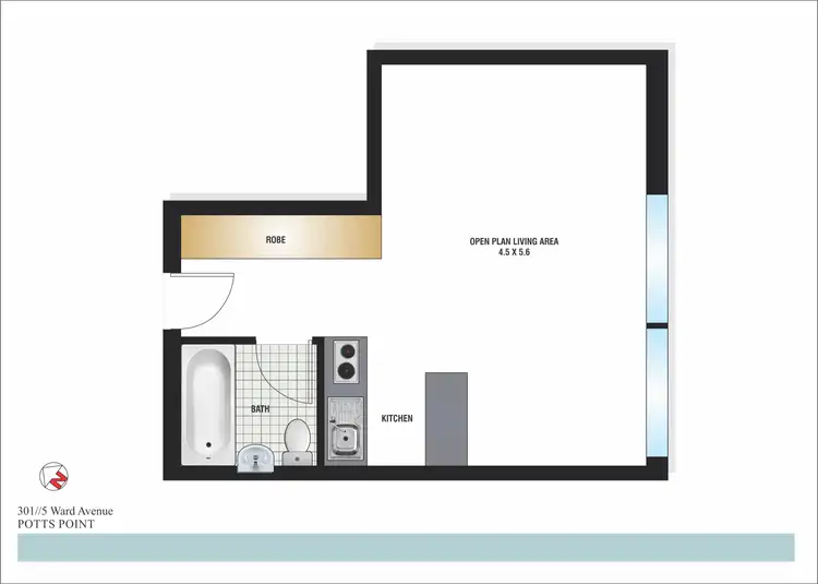 Floorplan of Homely studio listing, 301/5 Ward Avenue, Potts Point NSW 2011