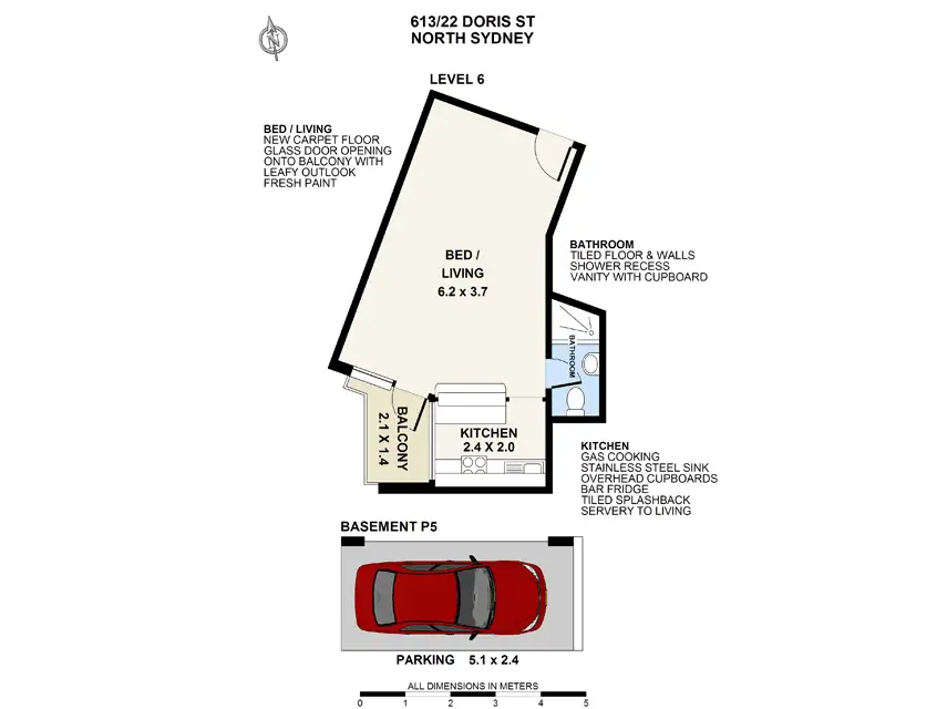 Floorplan of Homely studio listing, 613/22 Doris Street, North Sydney NSW 2060