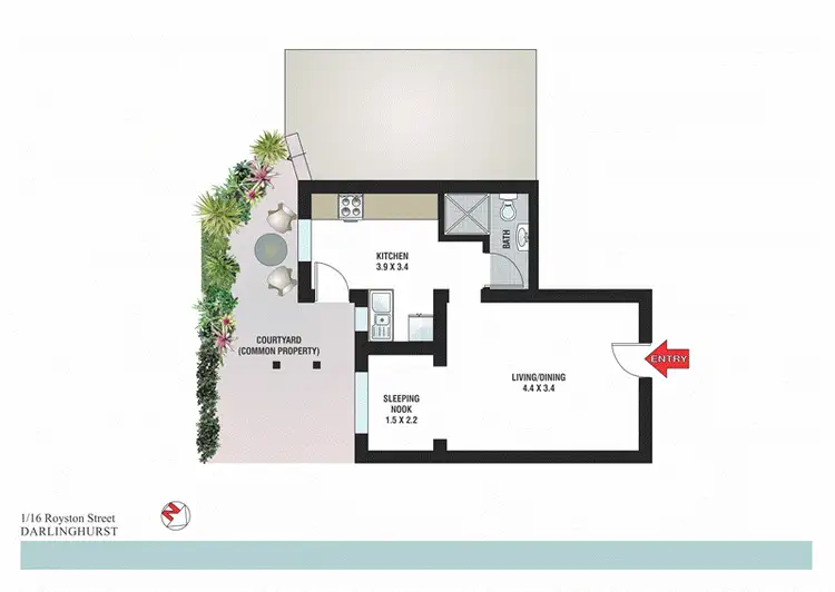 Floorplan of Homely studio listing, 1/16 Royston Street, Darlinghurst NSW 2010