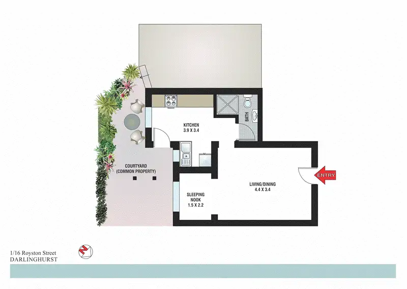 Floorplan of Homely studio listing, 1/16 Royston Street, Darlinghurst NSW 2010