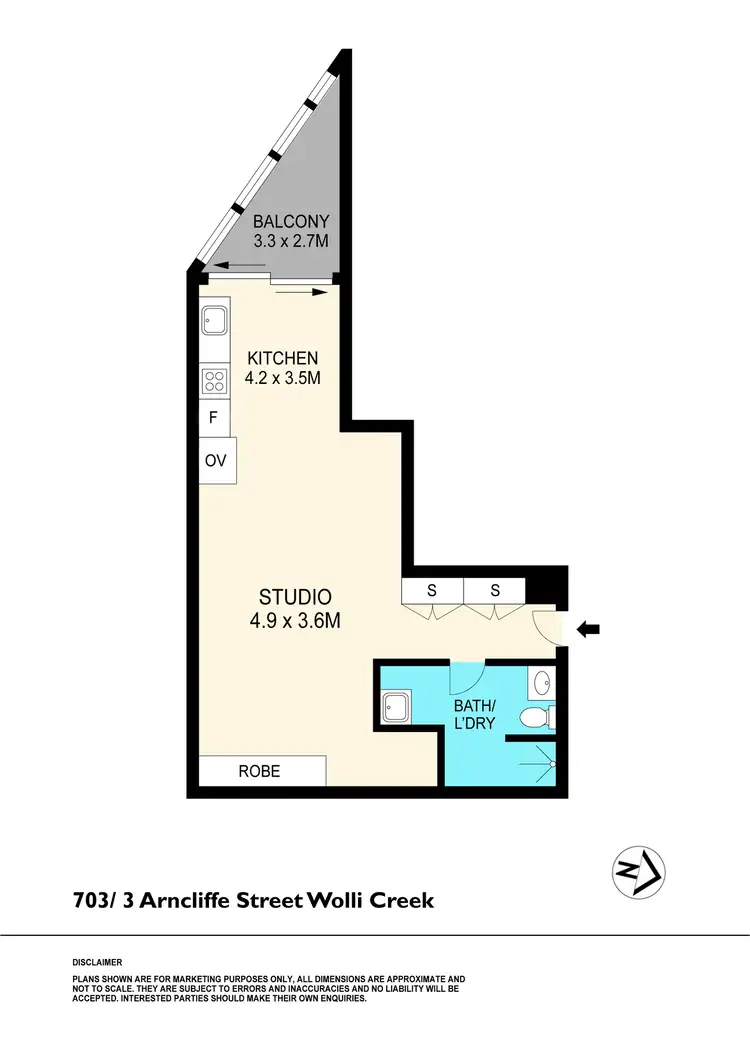 Floorplan of Homely studio listing, 703/3 Arncliffe Street, Wolli Creek NSW 2205