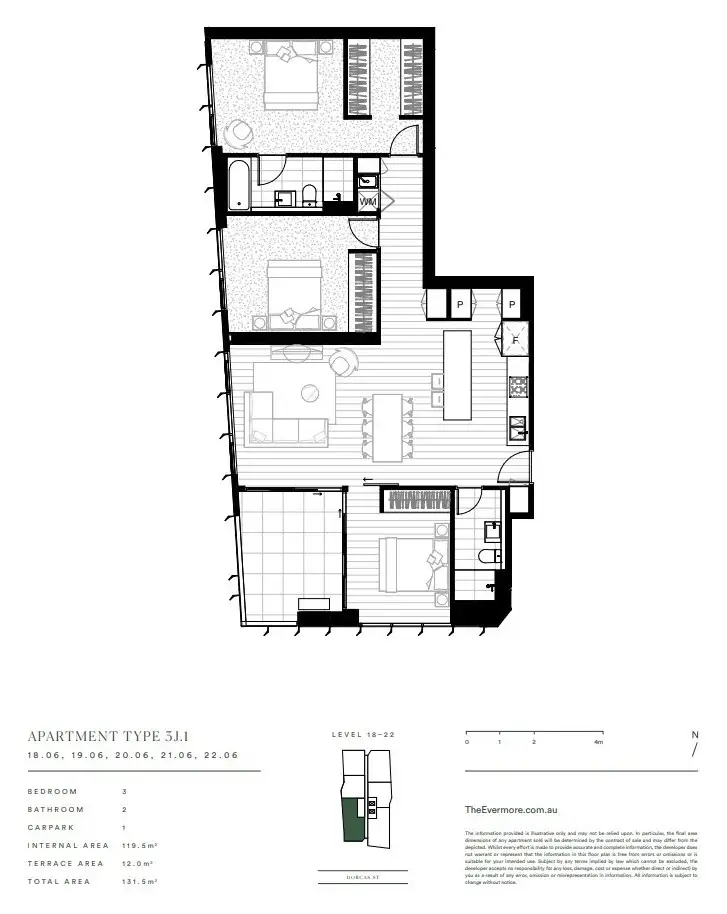 Floorplan of Homely apartment listing, 3BR/58-66 Dorcas Street, Southbank VIC 3006