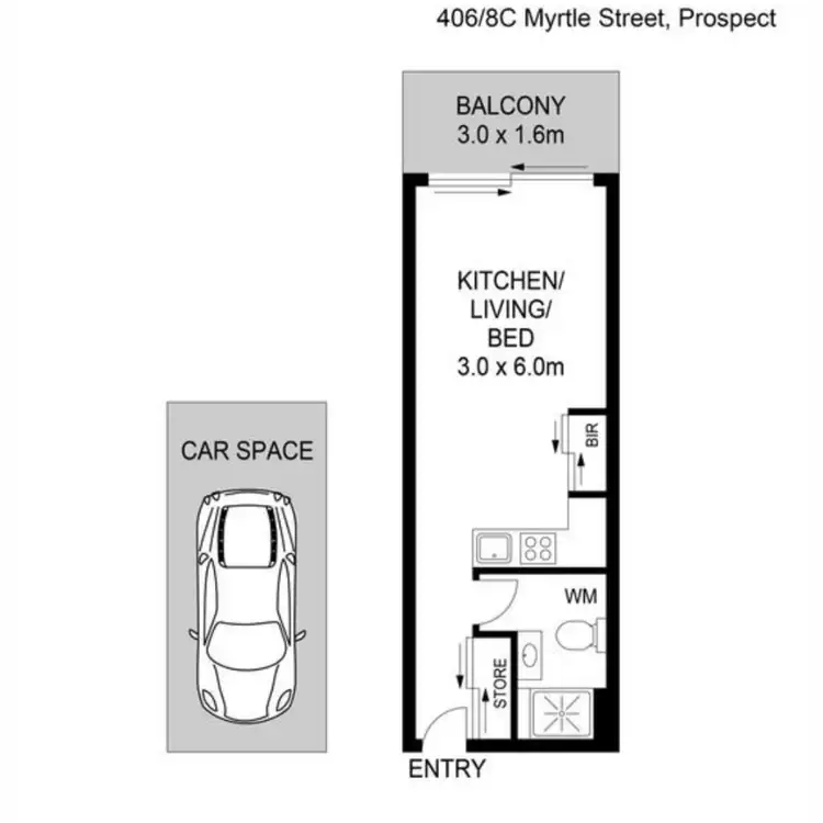 Floorplan of Homely studio listing, 406/8C Myrtle Street, Prospect NSW 2148