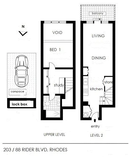 Floorplan of Homely unit listing, 203/88 Rider Blvd, Rhodes NSW 2138