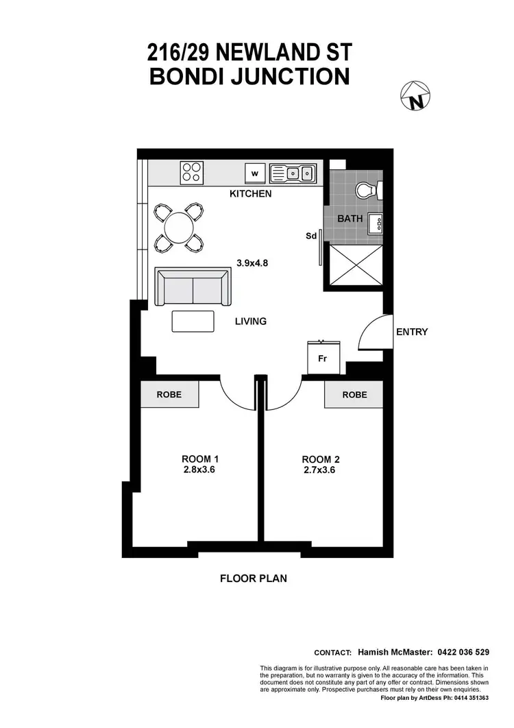 Floorplan of Homely studio listing, 216/29 Newland Street, Bondi Junction NSW 2022