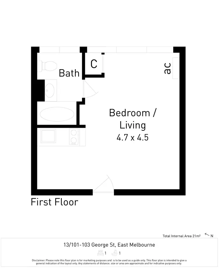 Floorplan of Homely studio listing, 13/101-103 George Street, East Melbourne VIC 3002