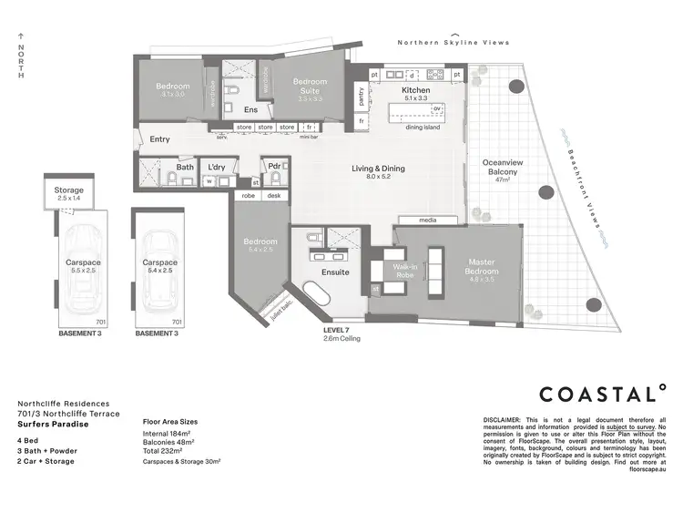 Floorplan of Homely apartment listing, 701/3 Northcliffe Terrace, Surfers Paradise QLD 4217