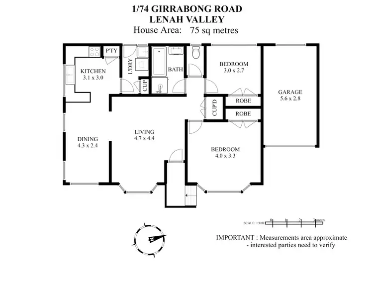 Floorplan of Homely unit listing, 1/74 Girrabong Road, Lenah Valley TAS 7008