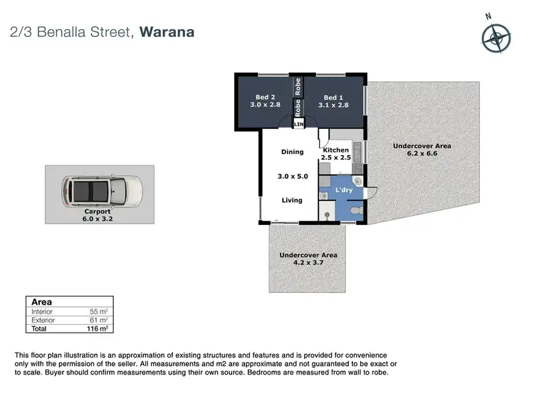 Floorplan of Homely semi-detached listing, 2/13 Benalla Street, Warana QLD 4575