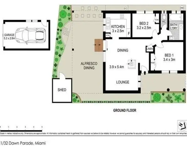Floorplan of Homely semi-detached listing, 1/32 Dawn Parade, Miami QLD 4220