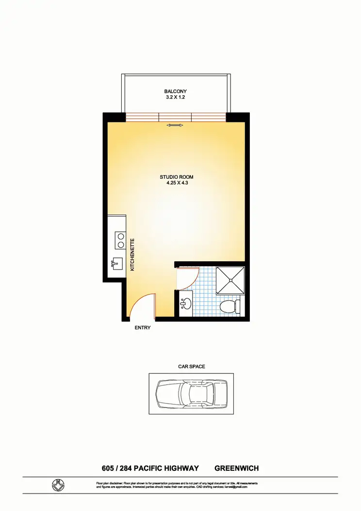 Floorplan of Homely studio listing, 605/284 Pacific Highway, Greenwich NSW 2065