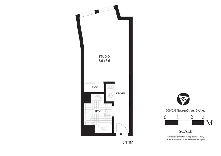 Floorplan of Homely studio listing, 206/653 George Street, Sydney NSW 2000