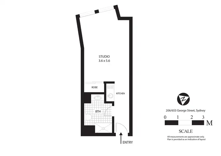 Floorplan of Homely studio listing, 206/653 George Street, Sydney NSW 2000