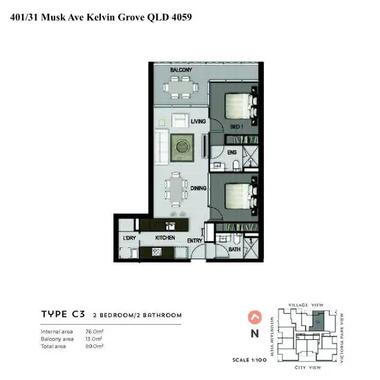 Floorplan of Homely apartment listing, 401/31 Musk Ave, Kelvin Grove QLD 4059