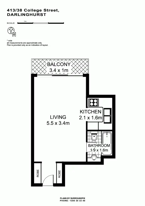 Floorplan of Homely studio listing, 413/38 College Street, Darlinghurst NSW 2010