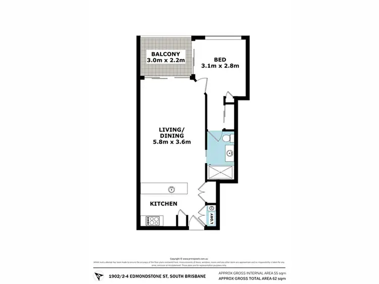 Floorplan of Homely apartment listing, 1902/2-4 Edmondstone Street, South Brisbane QLD 4101