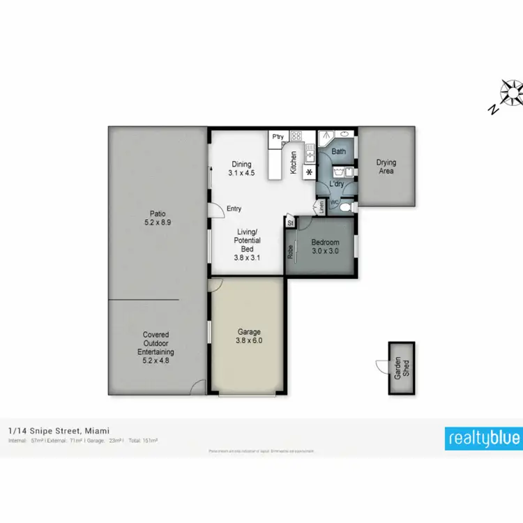 Floorplan of Homely semi-detached listing, 1/14 Snipe Street, Miami QLD 4220
