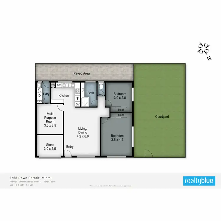 Floorplan of Homely semi-detached listing, 1/68 Dawn Parade, Miami QLD 4220