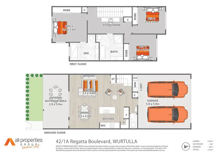 Floorplan of Homely townhouse listing, 42/1A Regatta Boulevard, Wurtulla QLD 4575