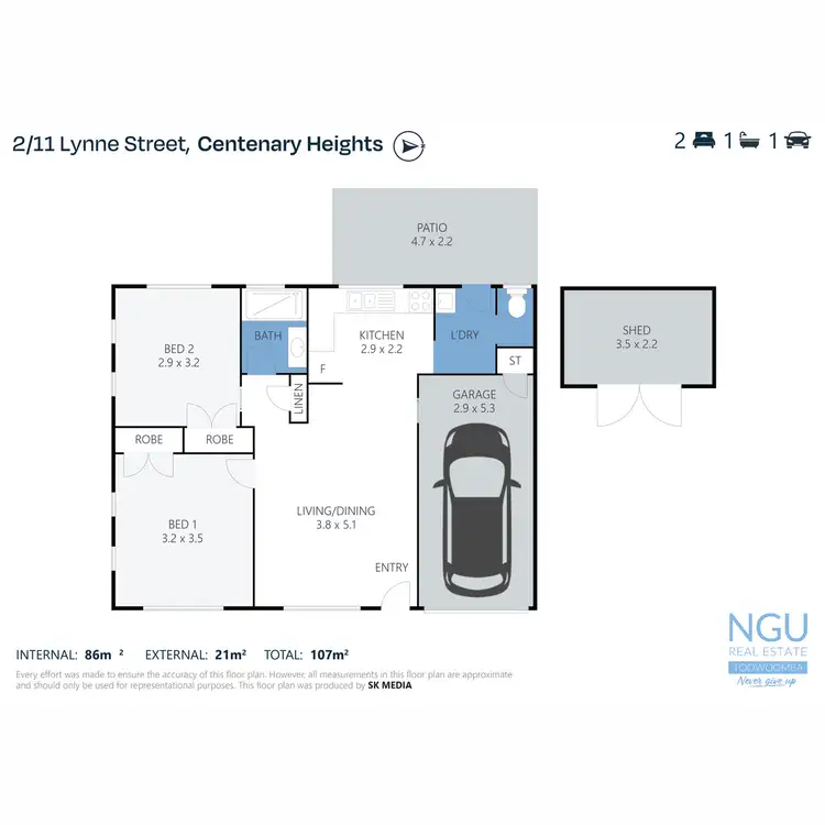Floorplan of Homely semi-detached listing, 2/11 Lynne Street, Centenary Heights QLD 4350
