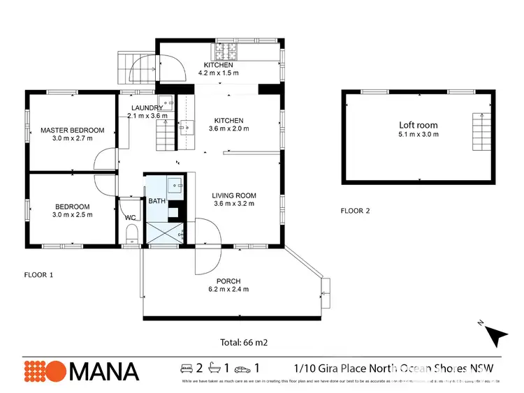 Floorplan of Homely semi-detached listing, 1/10 Gira Place, Ocean Shores NSW 2483