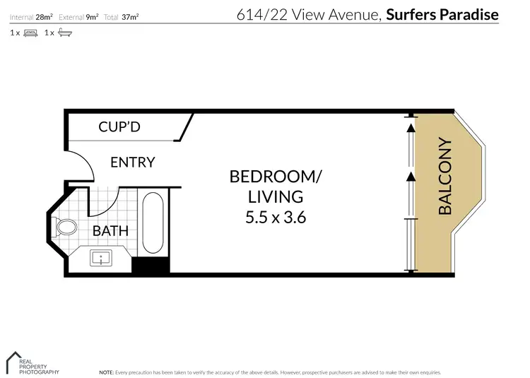 Floorplan of Homely studio listing, 614/22 View Avenue, Surfers Paradise QLD 4217
