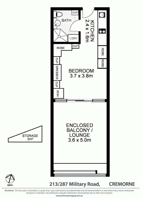 Floorplan of Homely studio listing, 213/287 Military Road, Cremorne NSW 2090